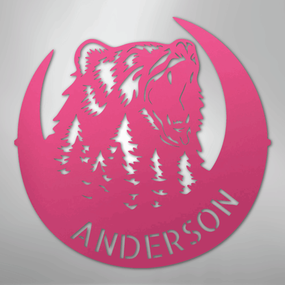 Custom Metal Wall Art - Personalized Grizzly Bear Monogram Sign Pink