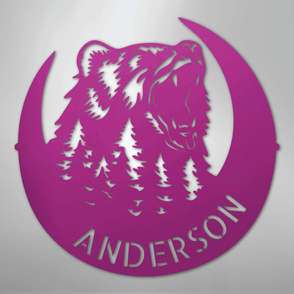 Custom Metal Wall Art - Personalized Grizzly Bear Monogram Sign Purple