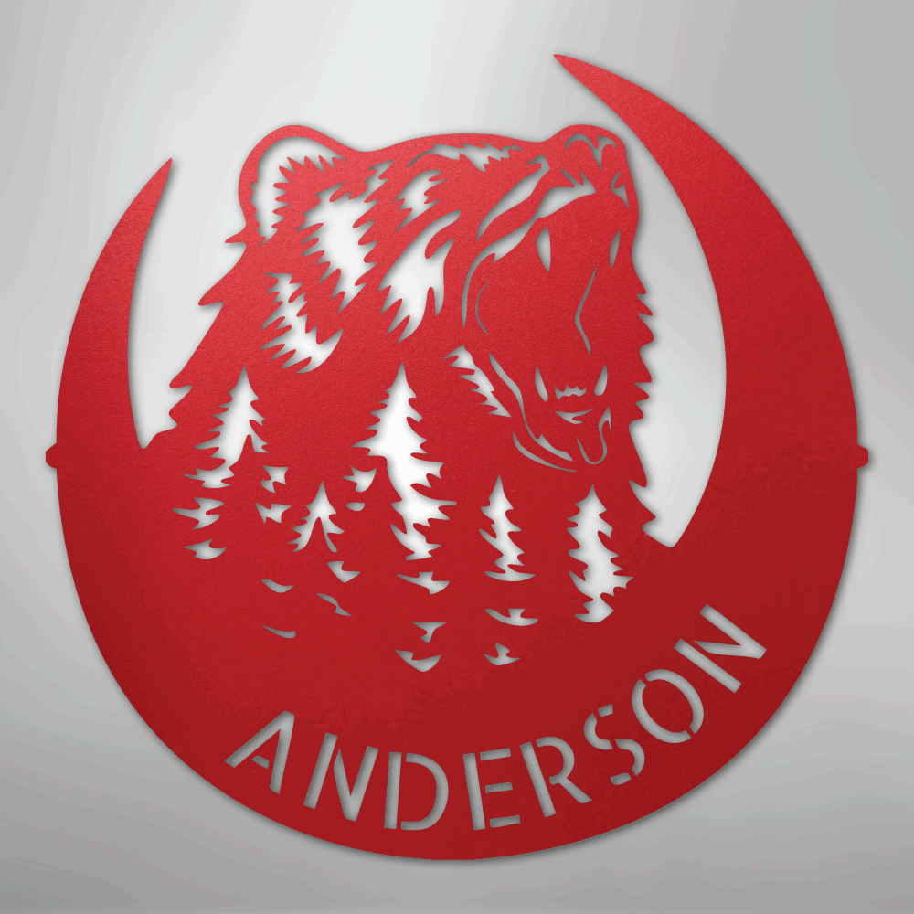 Custom Metal Wall Art - Personalized Grizzly Bear Monogram Sign Red