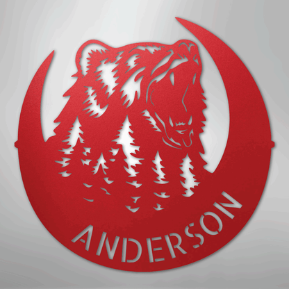 Custom Metal Wall Art - Personalized Grizzly Bear Monogram Sign Red