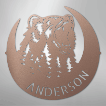 Custom Metal Wall Art - Personalized Grizzly Bear Monogram Sign Rose