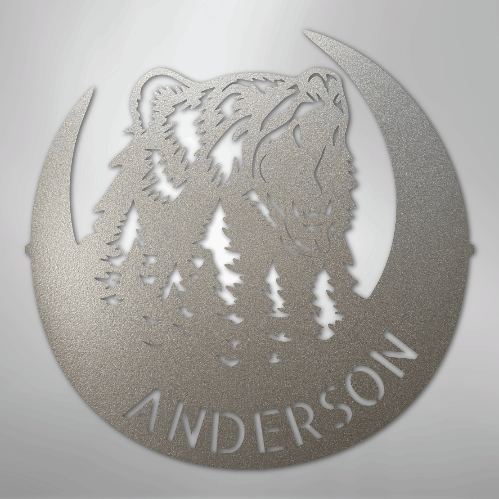 Custom Metal Wall Art - Personalized Grizzly Bear Monogram Sign Silver