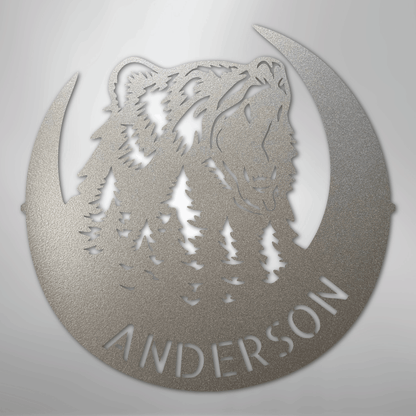 Custom Metal Wall Art - Personalized Grizzly Bear Monogram Sign Silver