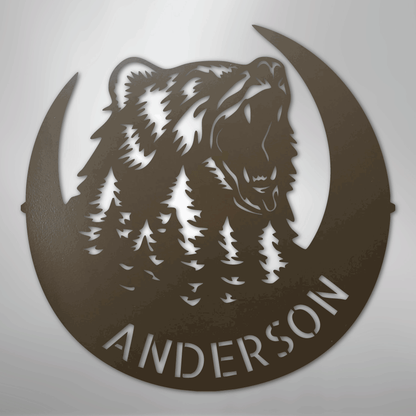 Custom Metal Wall Art - Personalized Grizzly Bear Monogram Sign Stone