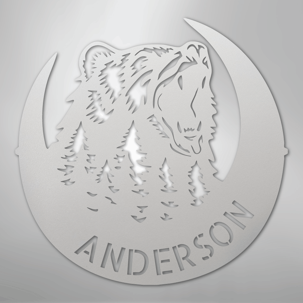 Custom Metal Wall Art - Personalized Grizzly Bear Monogram Sign White