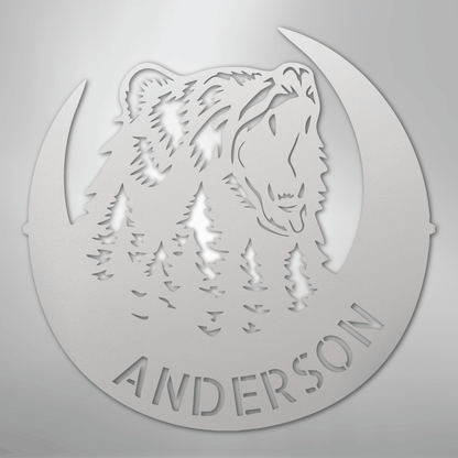 Custom Metal Wall Art - Personalized Grizzly Bear Monogram Sign White