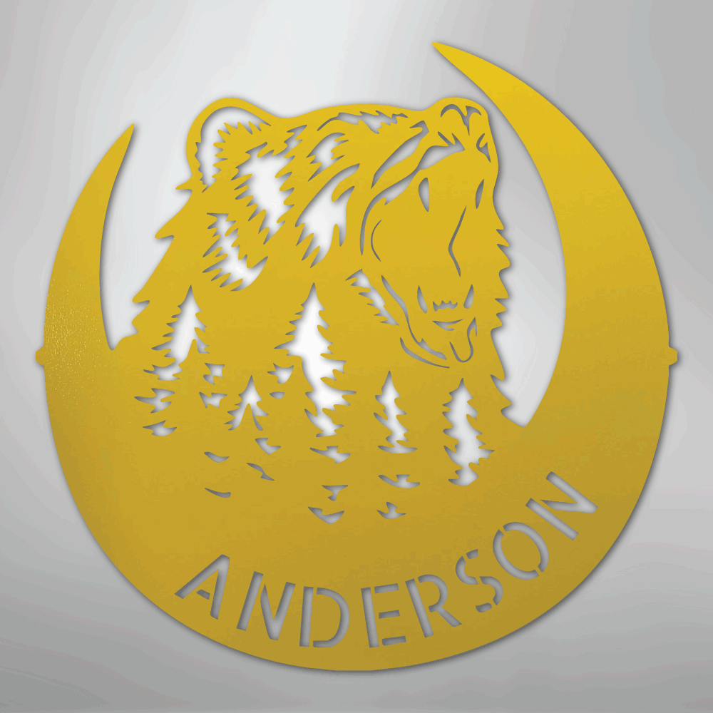 Custom Metal Wall Art - Personalized Grizzly Bear Monogram Sign Yellow