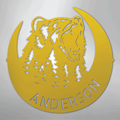 Custom Metal Wall Art - Personalized Grizzly Bear Monogram Sign Yellow