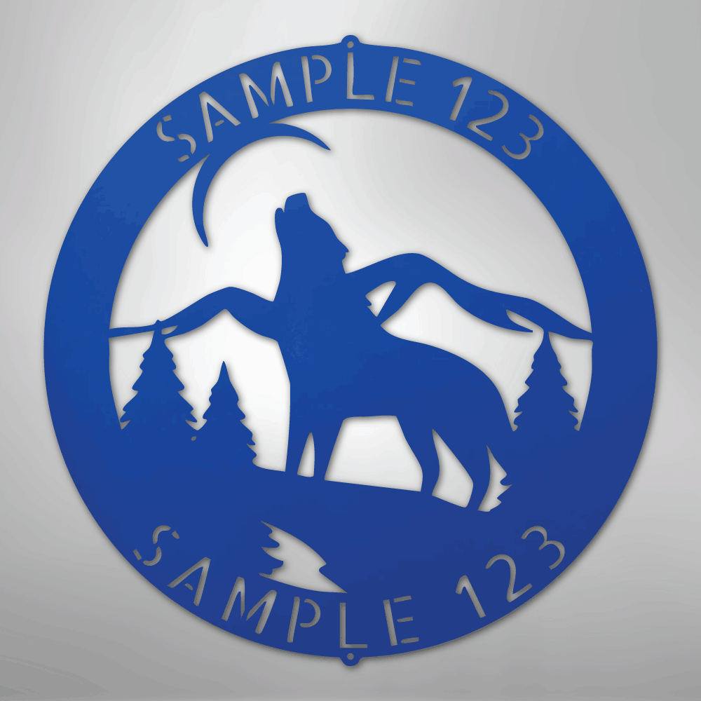 Custom Metal Wall Art - Personalized Howling Wolf Monogram Sign Blue