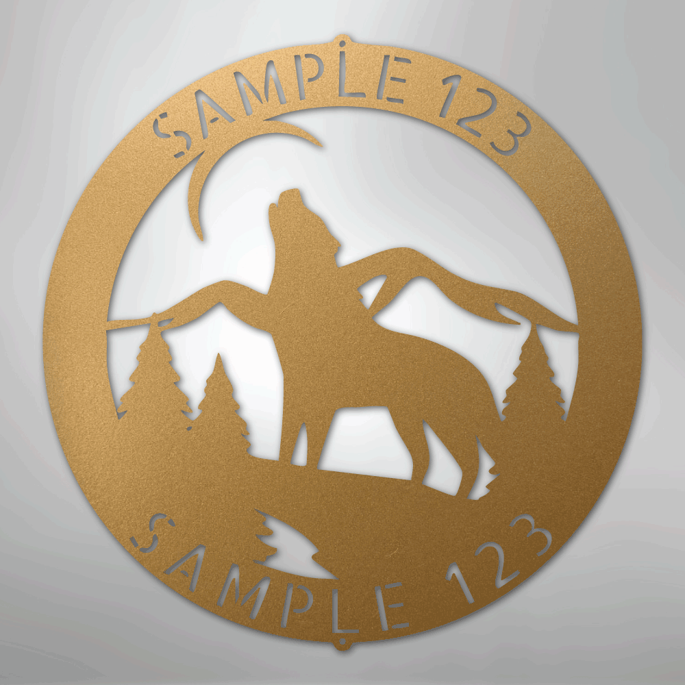 Custom Metal Wall Art - Personalized Howling Wolf Monogram Sign Gold
