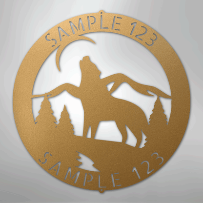 Custom Metal Wall Art - Personalized Howling Wolf Monogram Sign Gold