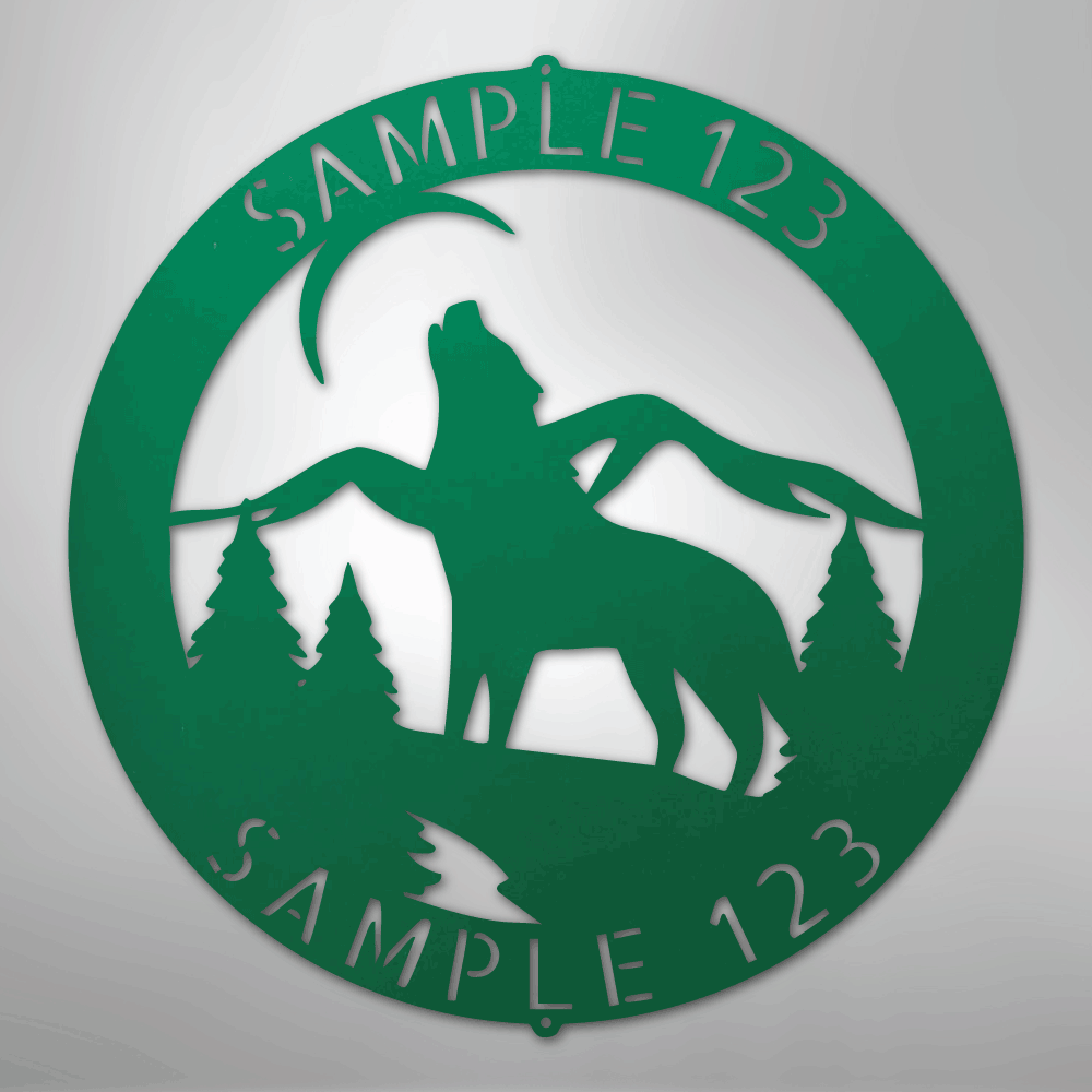 Custom Metal Wall Art - Personalized Howling Wolf Monogram Sign Green