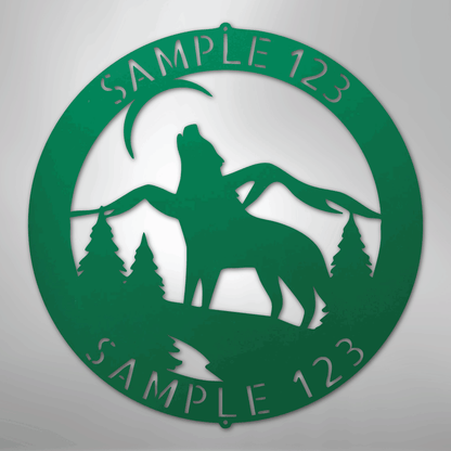 Custom Metal Wall Art - Personalized Howling Wolf Monogram Sign Green
