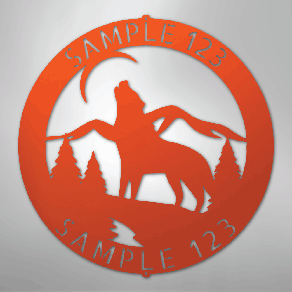 Custom Metal Wall Art - Personalized Howling Wolf Monogram Sign Orange