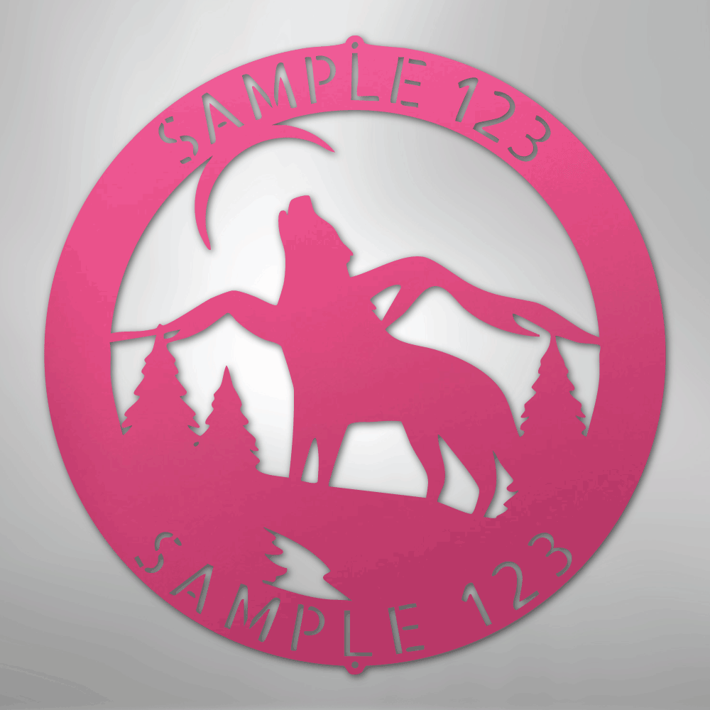 Custom Metal Wall Art - Personalized Howling Wolf Monogram Sign Pink
