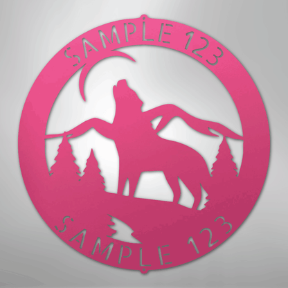 Custom Metal Wall Art - Personalized Howling Wolf Monogram Sign Pink