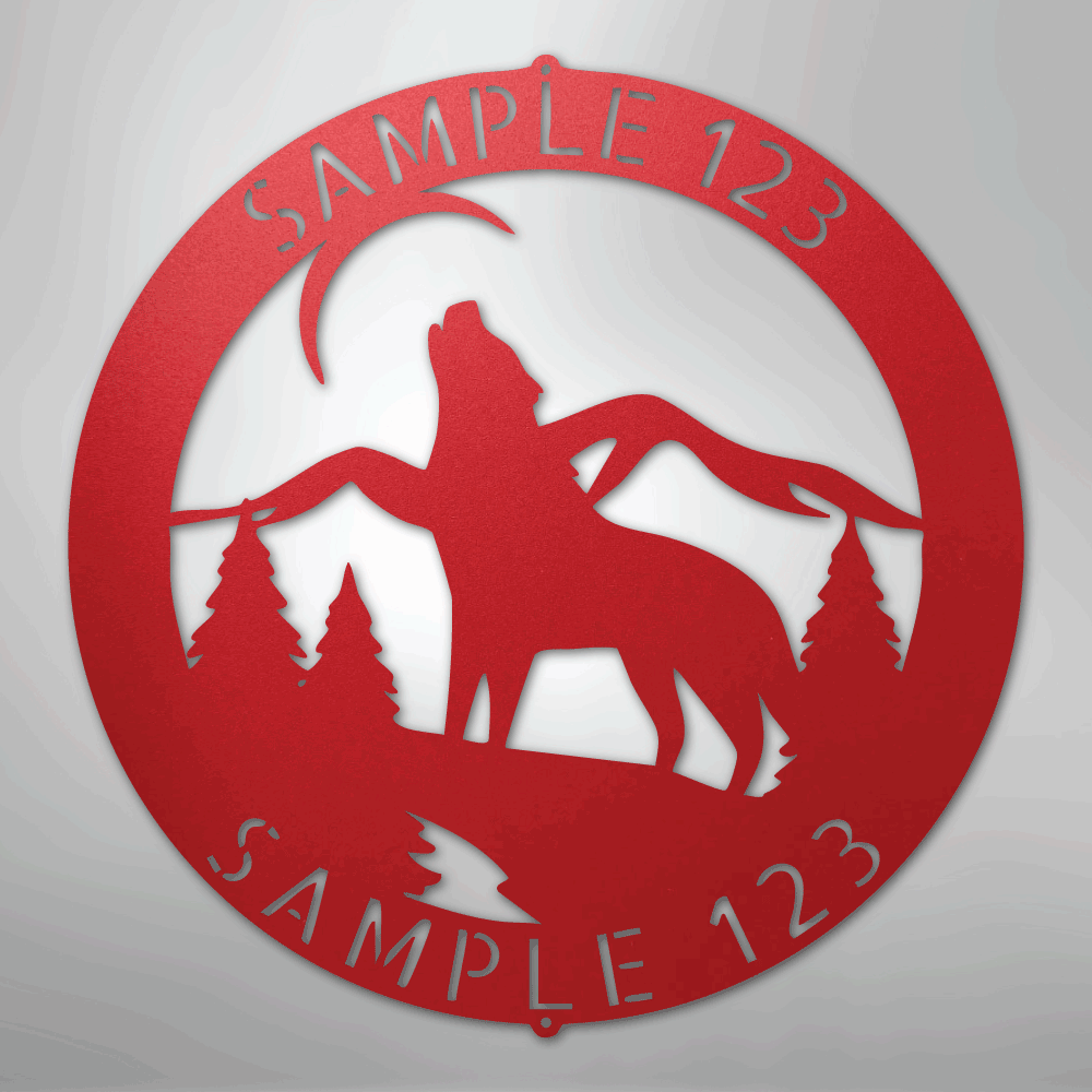Custom Metal Wall Art - Personalized Howling Wolf Monogram Sign Red