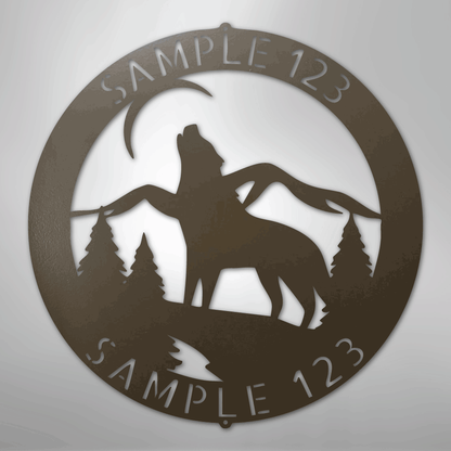Custom Metal Wall Art - Personalized Howling Wolf Monogram Sign Stone
