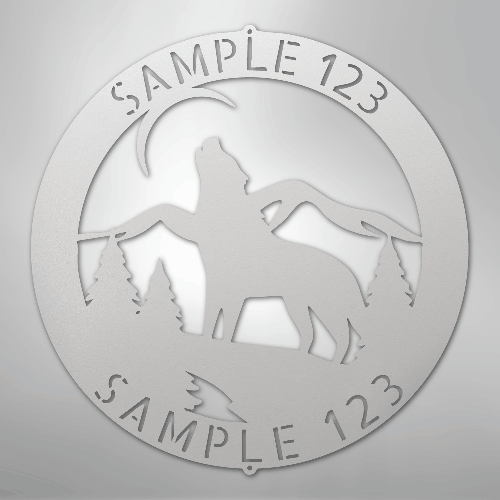 Custom Metal Wall Art - Personalized Howling Wolf Monogram Sign White