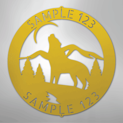 Custom Metal Wall Art - Personalized Howling Wolf Monogram Sign Yellow