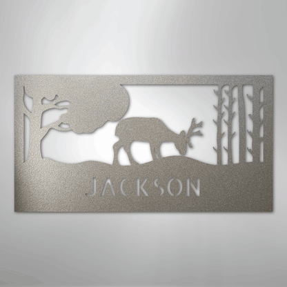 Custom Metal Wall Art - Deer Silhouette Monogram Sign Silver