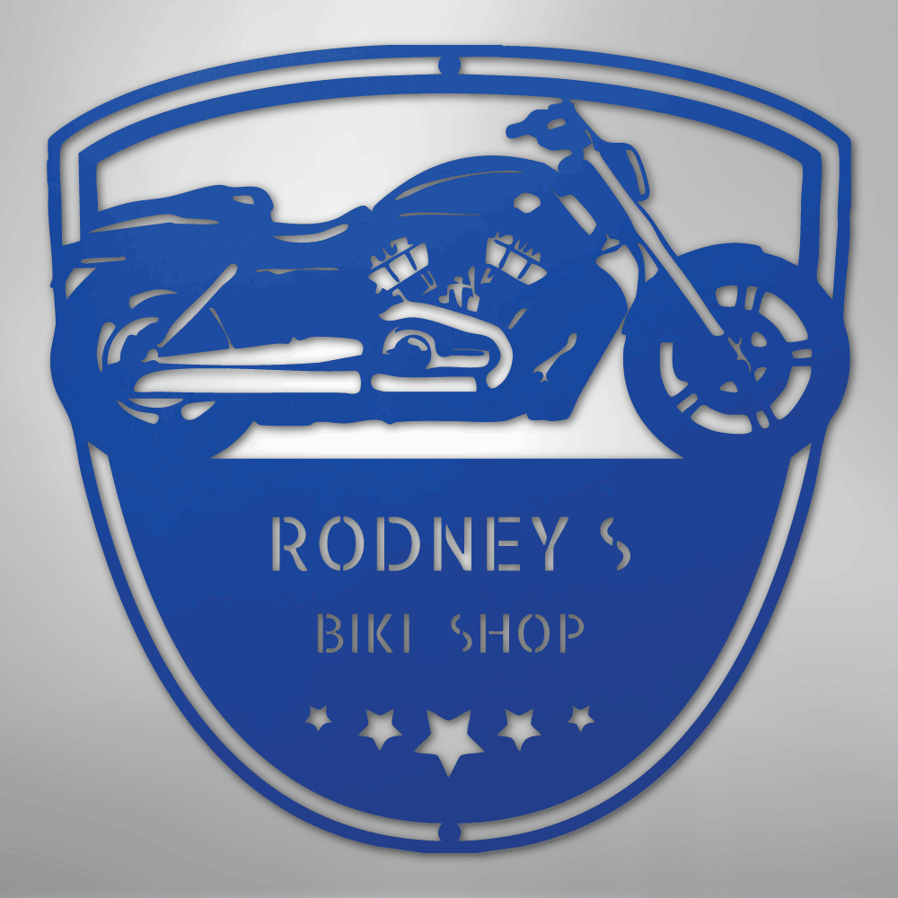 Custom Metal Wall Art - Personalized Biker Garage Name Plaque Blue