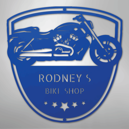 Custom Metal Wall Art - Personalized Biker Garage Name Plaque Blue