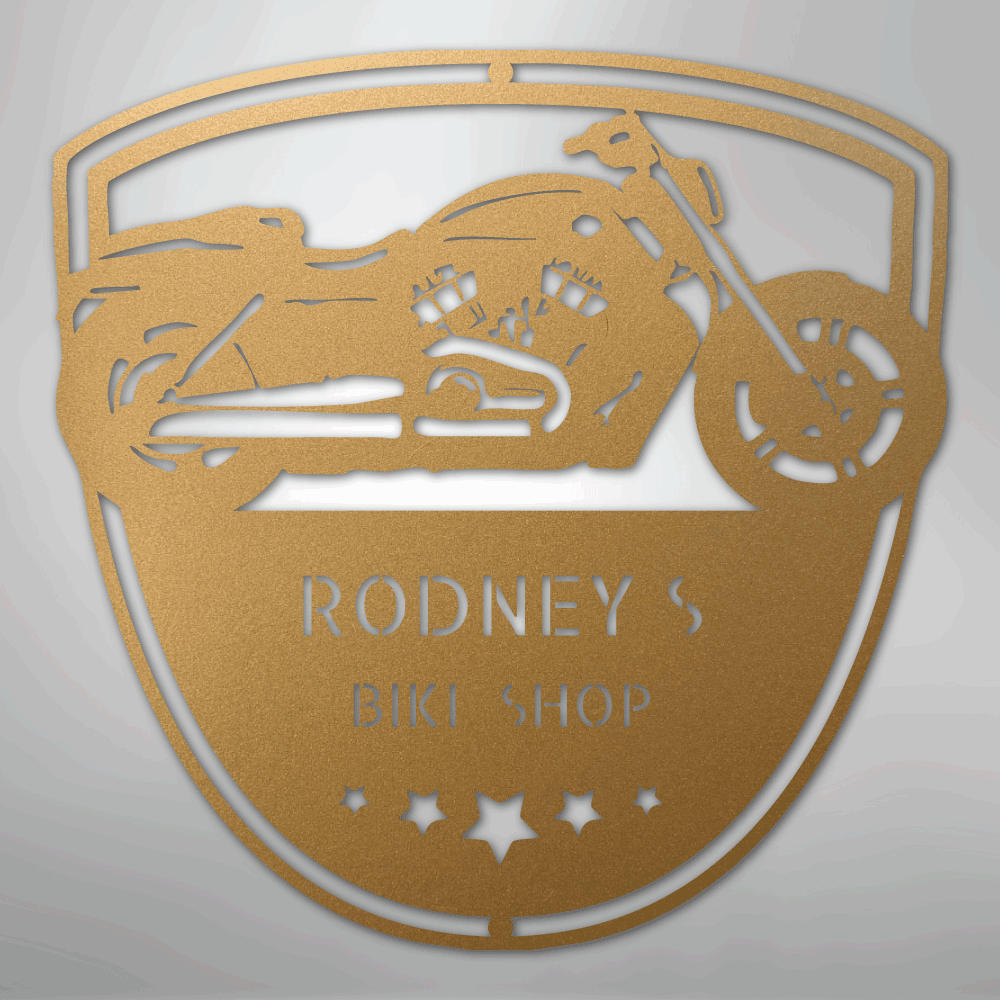 Custom Metal Wall Art - Personalized Biker Garage Name Plaque Gold