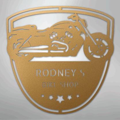 Custom Metal Wall Art - Personalized Biker Garage Name Plaque Gold