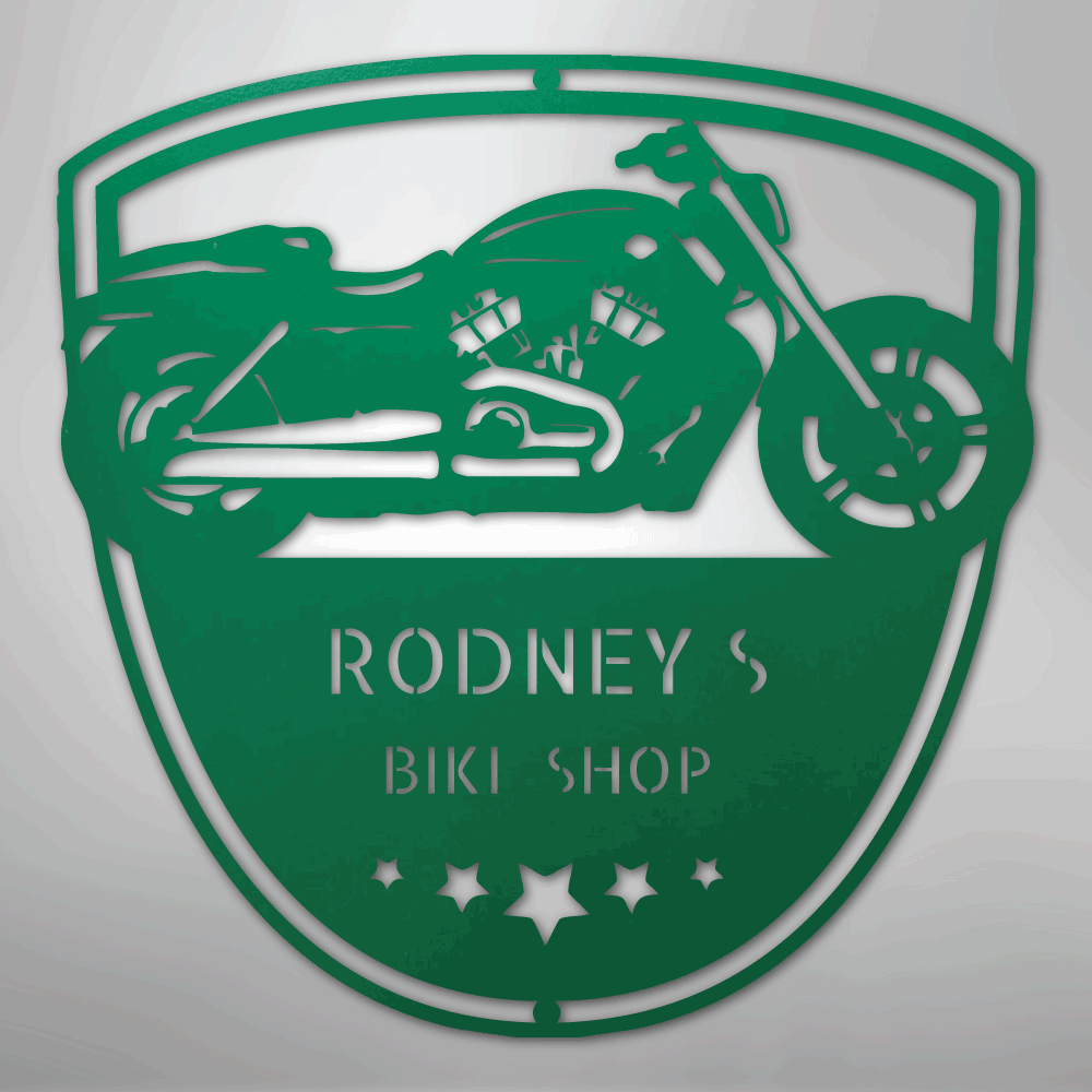 Custom Metal Wall Art - Personalized Biker Garage Name Plaque Green