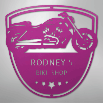 Custom Metal Wall Art - Personalized Biker Garage Name Plaque Purple