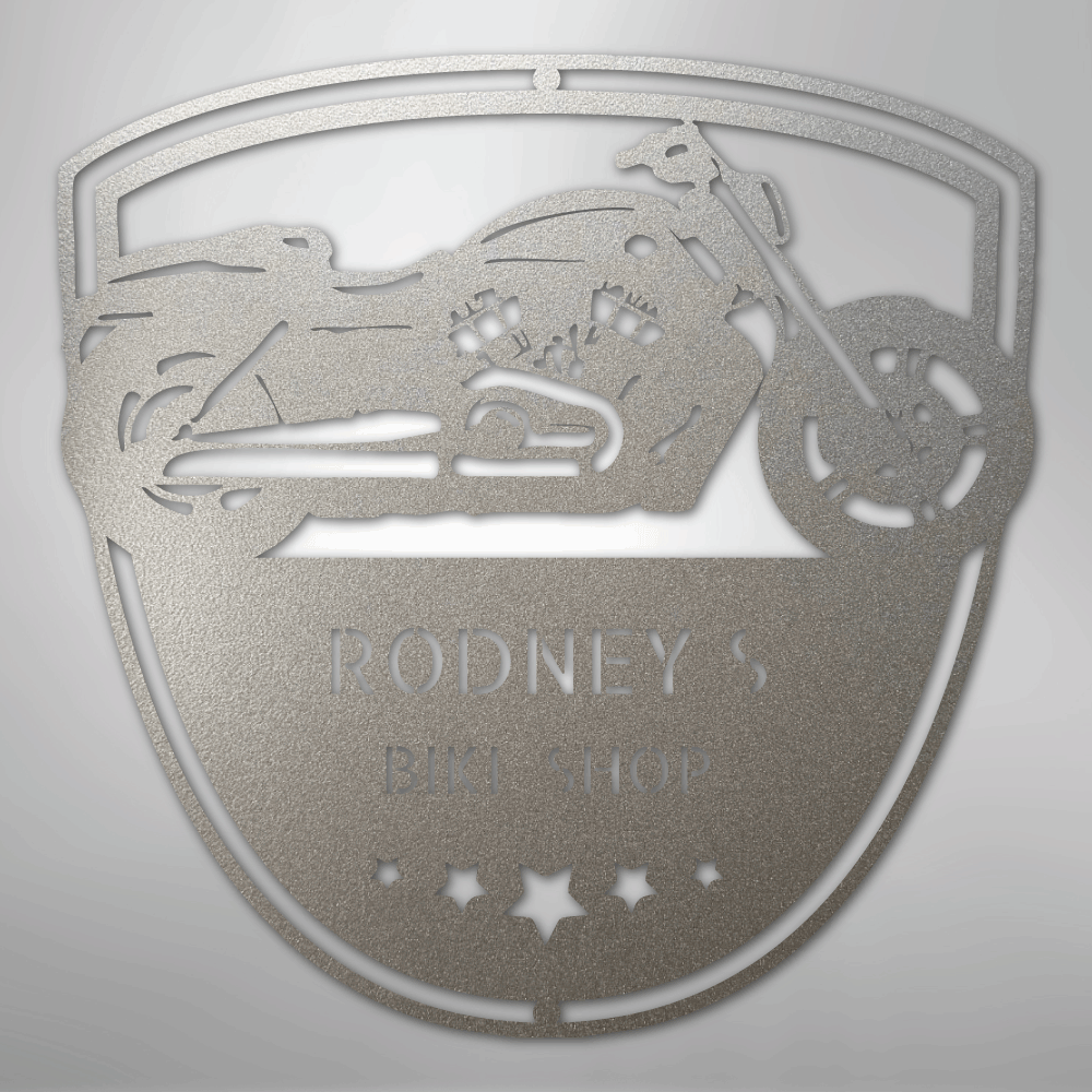 Custom Metal Wall Art - Personalized Biker Garage Name Plaque Silver