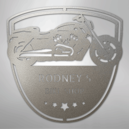 Custom Metal Wall Art - Personalized Biker Garage Name Plaque Silver