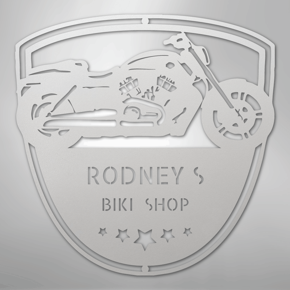 Custom Metal Wall Art - Personalized Biker Garage Name Plaque White