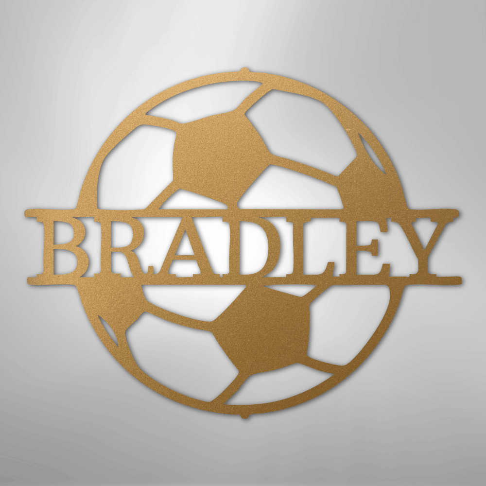 Custom Metal Wall Art - Personalized Soccer Ball Name Sign Gold