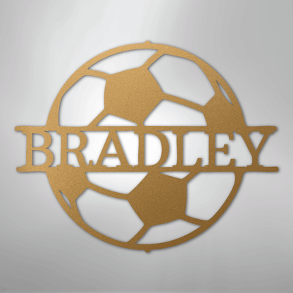 Custom Metal Wall Art - Personalized Soccer Ball Name Sign Gold