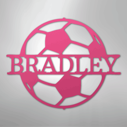 Custom Metal Wall Art - Personalized Soccer Ball Name Sign Pink