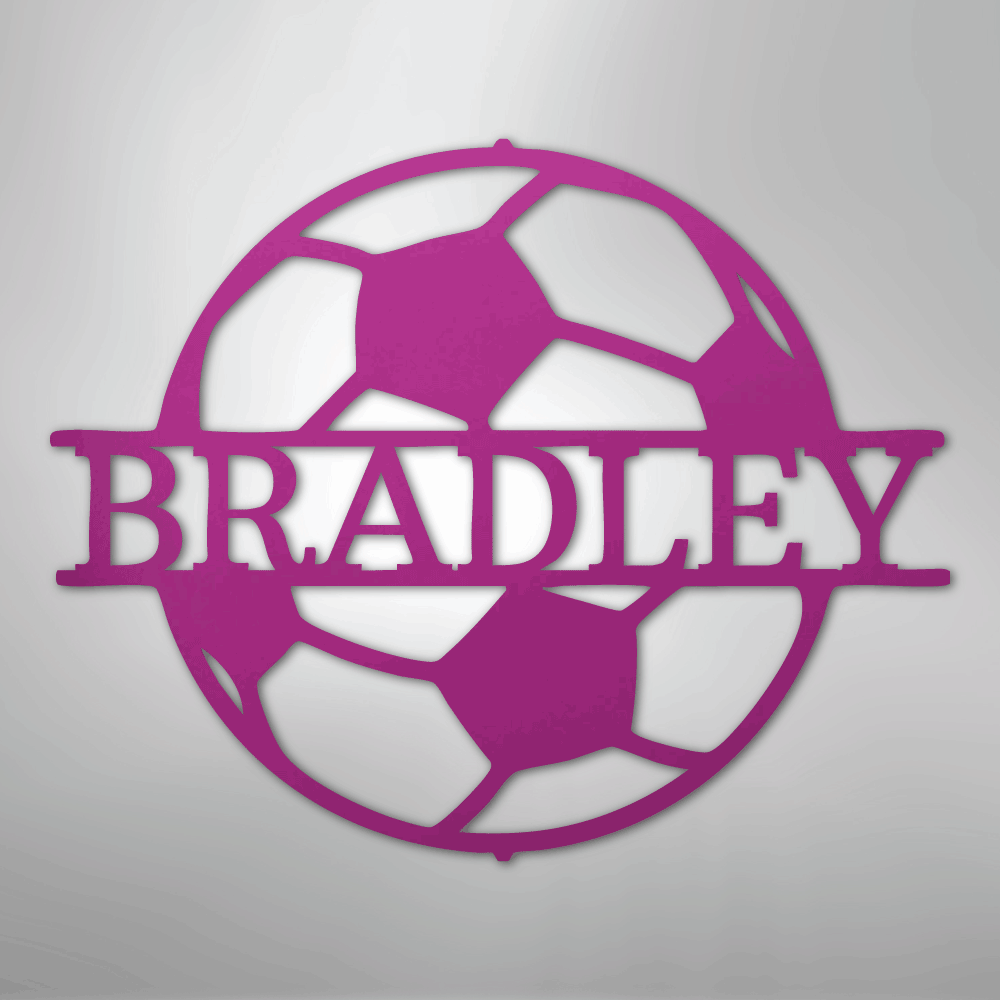 Custom Metal Wall Art - Personalized Soccer Ball Name Sign Purple