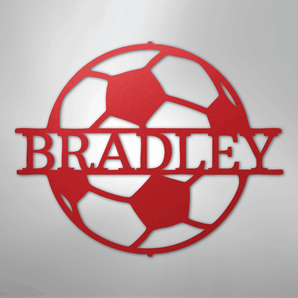 Custom Metal Wall Art - Personalized Soccer Ball Name Sign Red