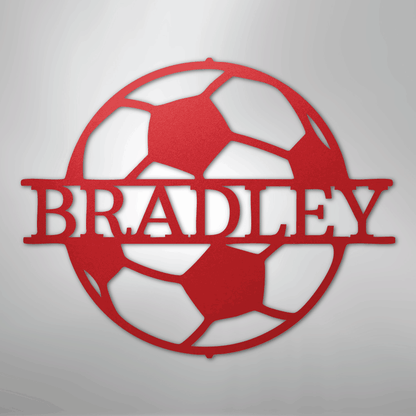 Custom Metal Wall Art - Personalized Soccer Ball Name Sign Red