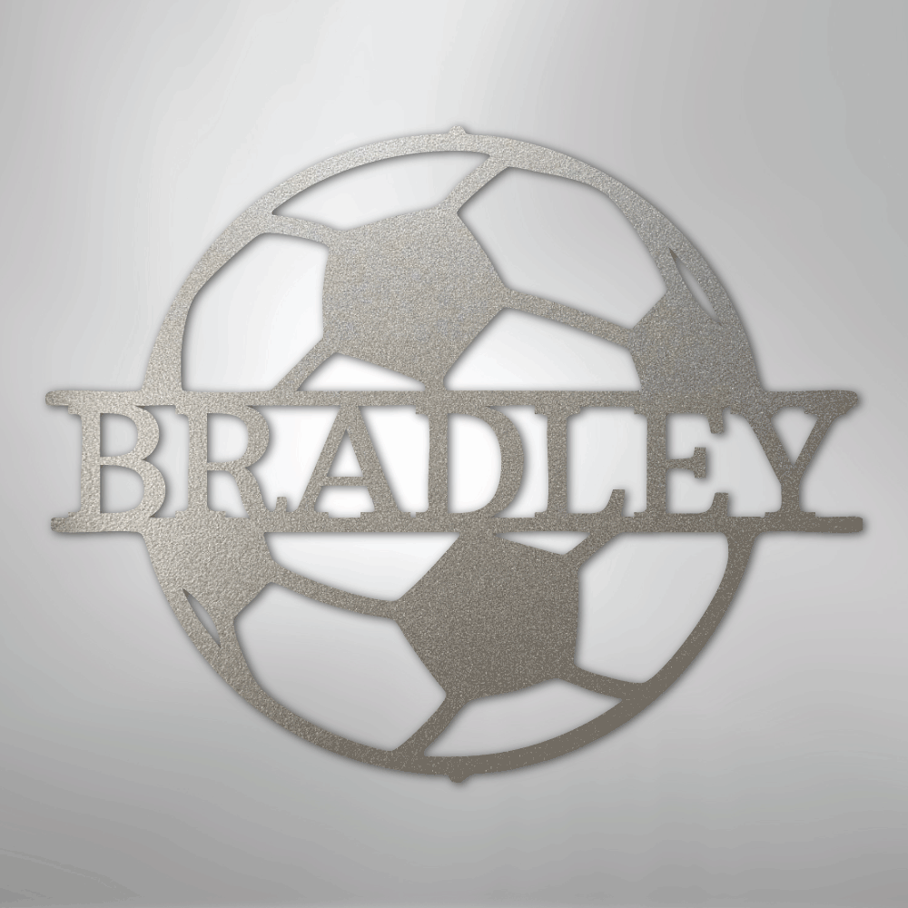 Custom Metal Wall Art - Personalized Soccer Ball Name Sign Silver