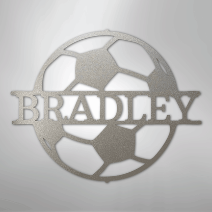 Custom Metal Wall Art - Personalized Soccer Ball Name Sign Silver