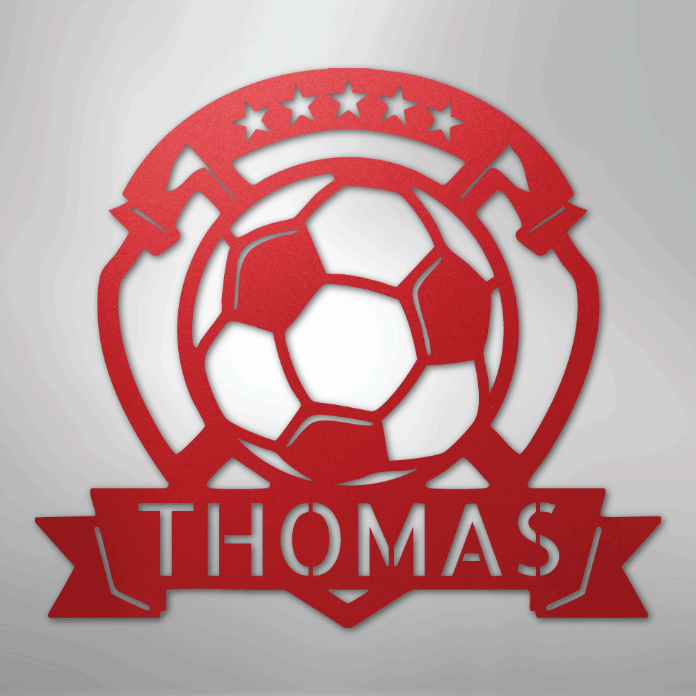 Custom Metal Wall Art - Personalized Soccer Ball Sign Red