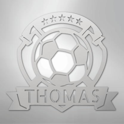 Custom Metal Wall Art - Personalized Soccer Ball Sign White