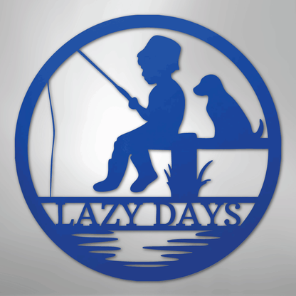 Custom Metal Wall Art - Personalized Fishing With Dog Sign Blue
