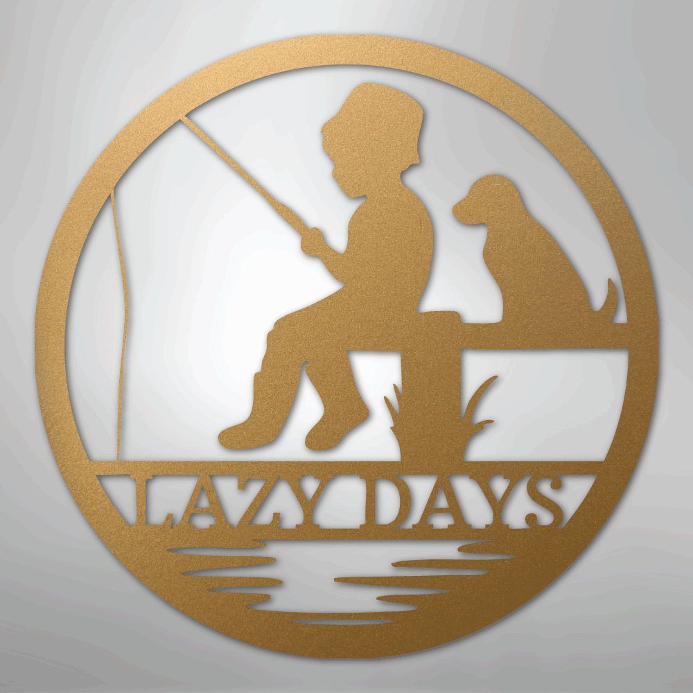 Custom Metal Wall Art - Personalized Fishing With Dog Sign Gold