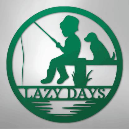 Custom Metal Wall Art - Personalized Fishing With Dog Sign Green