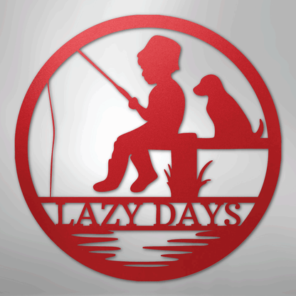 Custom Metal Wall Art - Personalized Fishing With Dog Sign Red