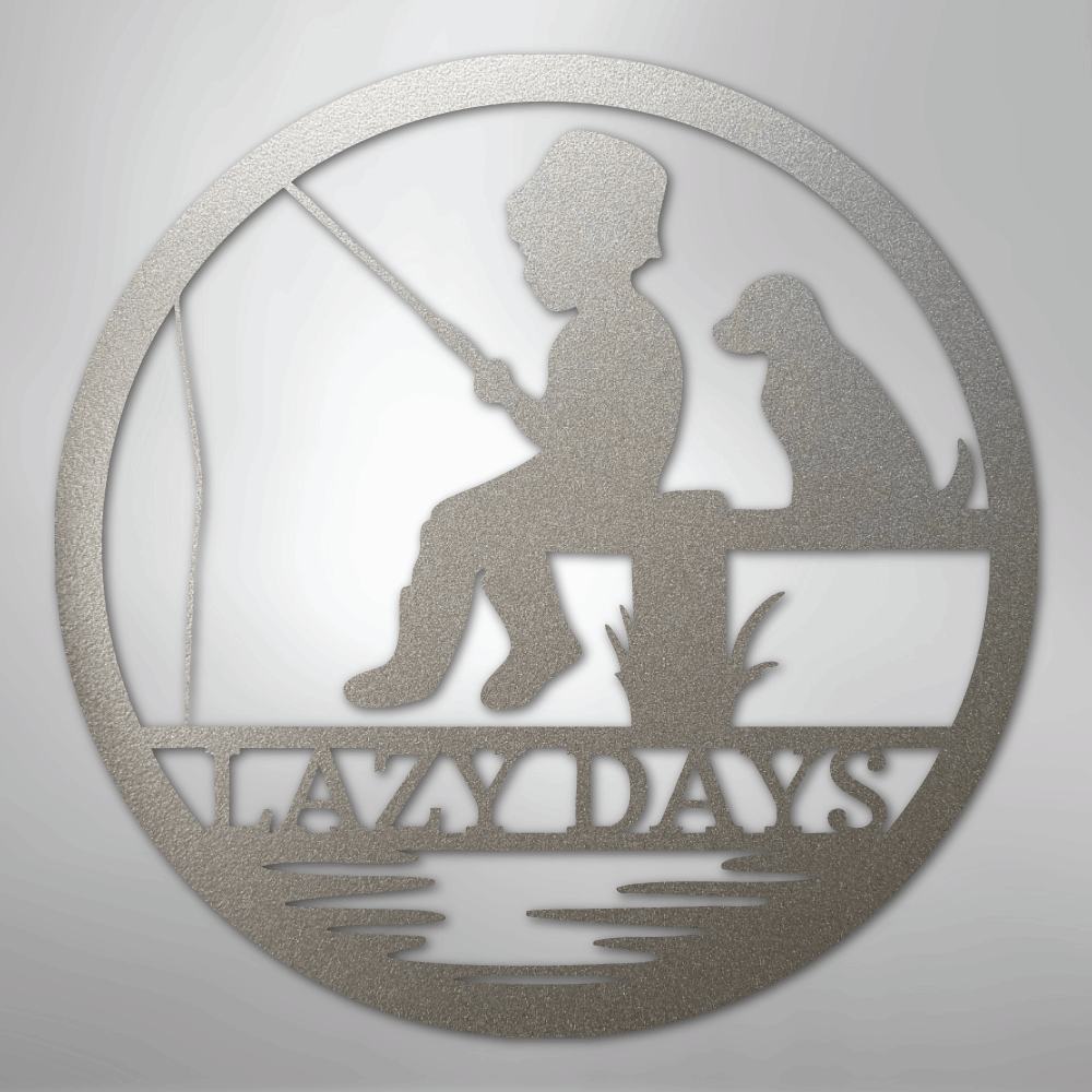 Custom Metal Wall Art - Personalized Fishing With Dog Sign Silver
