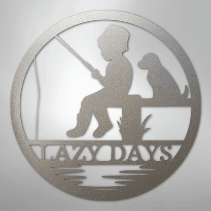Custom Metal Wall Art - Personalized Fishing With Dog Sign Silver